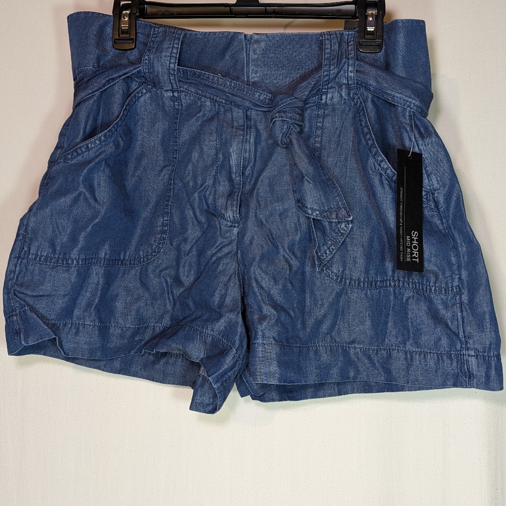 Apt.9 Chambray Soft Women's Casual Summer Shorts Blue Pockets Waist Tie NEW NWT